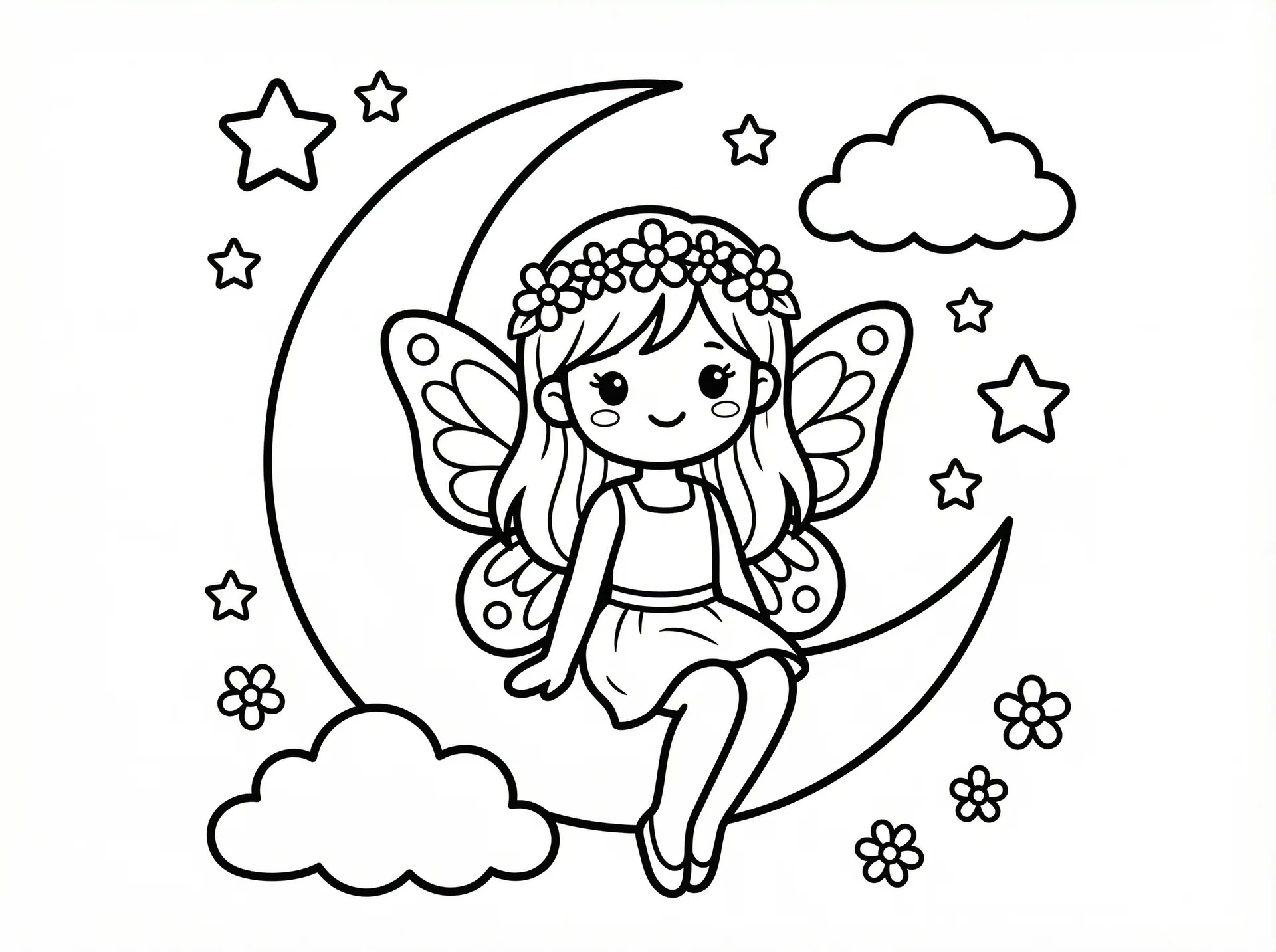 半夜家里没人妈妈就是你的人 - 月亮上的蝴蝶翅膀精灵涂色线稿